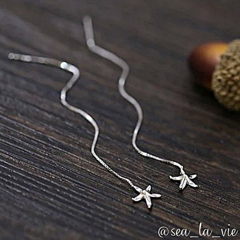 Sterling Silver Starfish Dangle Drop Threader Earrings